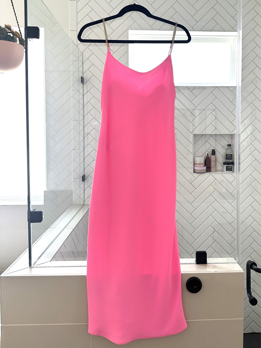 Amanda Uprichard Hot Pink Midi Slip Dress with Chain Straps